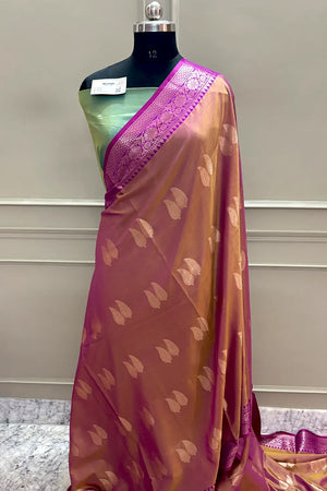 Rust and Green Golden Zari Banarasi Silk Saree