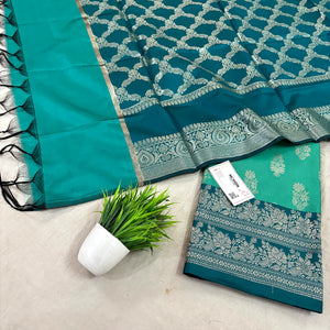 Sea Green and Teal Phooldaan Buti Satin Silk Banarasi Suit