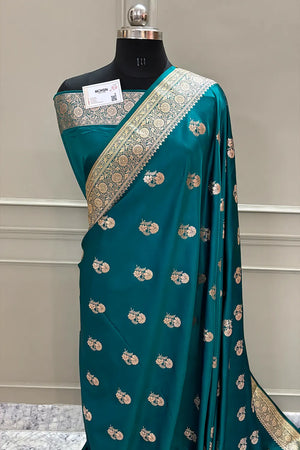 Teal Golden Flower Katan Silk Banarasi Saree