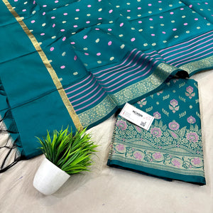 Teal Golden Zari Satin Silk Banarasi Suit