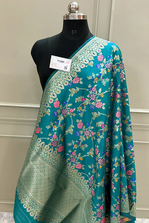 Teal Golden Zari Katan Silk Banarasi Dupatta