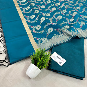 Teal Plain Dupion Silk Banarasi Suit