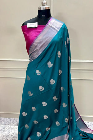 Teal and Pink Golden Zari Banarasi Silk Saree