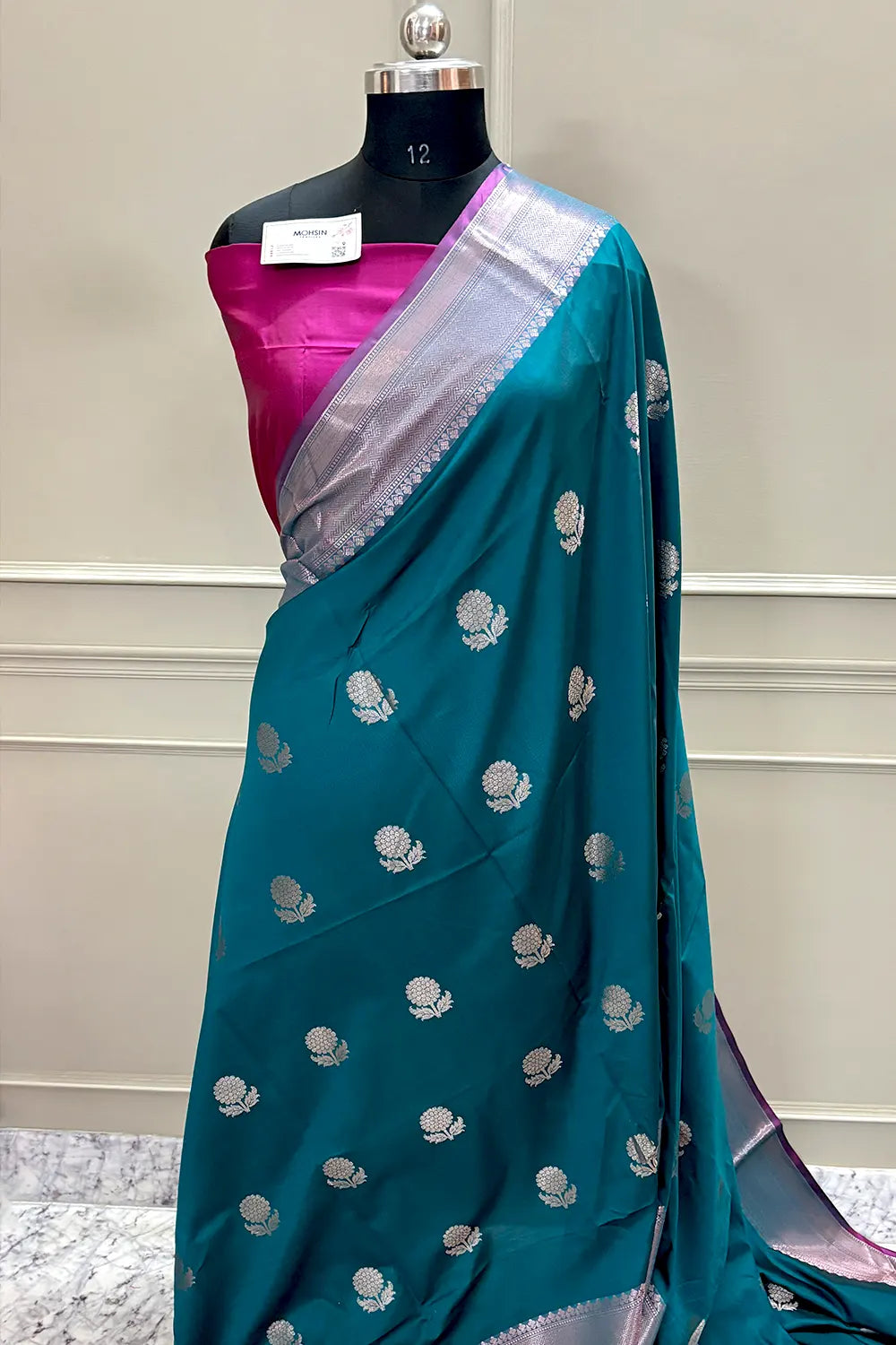 Teal and Pink Golden Zari Banarasi Silk Saree