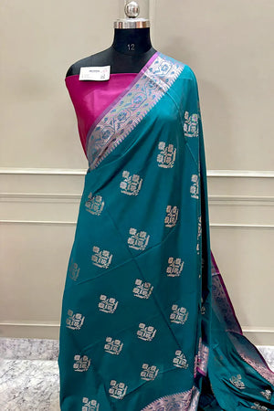 Teal and Pink Golden Zari Banarasi Silk Saree