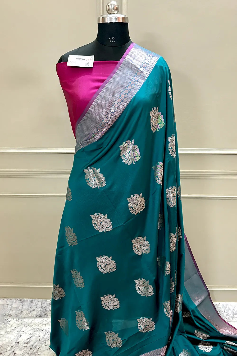 Teal and Pink Golden Zari Banarasi Silk Saree
