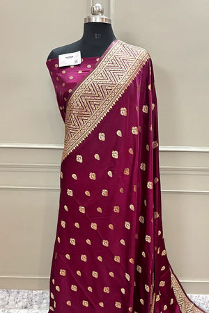 Wine Chagan Patti Katan Silk Banarasi Saree