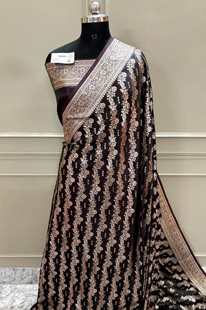 Wine Golden Zari Katan Silk Banarasi Saree