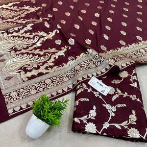 Wine Golden Zari Katan Silk Banarasi Suit