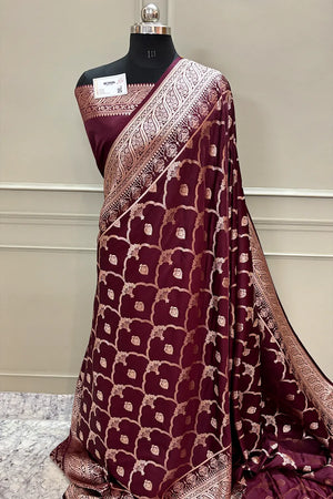 Wine Mughal Mehrab Katan Silk Banarasi Saree