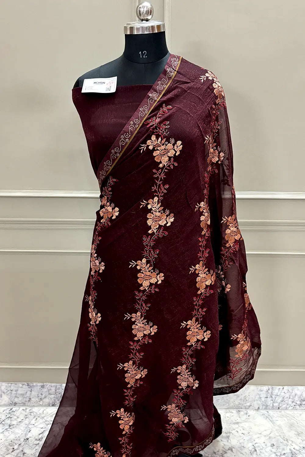 Wine Embordiery Siroski Work Georgette Silk Saree