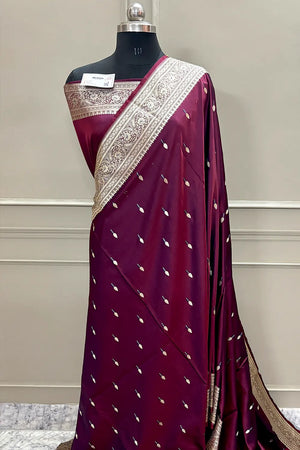 Wine Tilak Buti Katan Silk Banarasi Saree