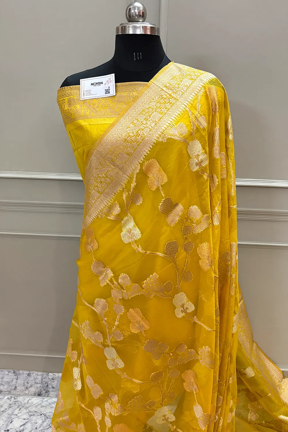 Yellow Golden Zari Organza Silk Banarasi Saree