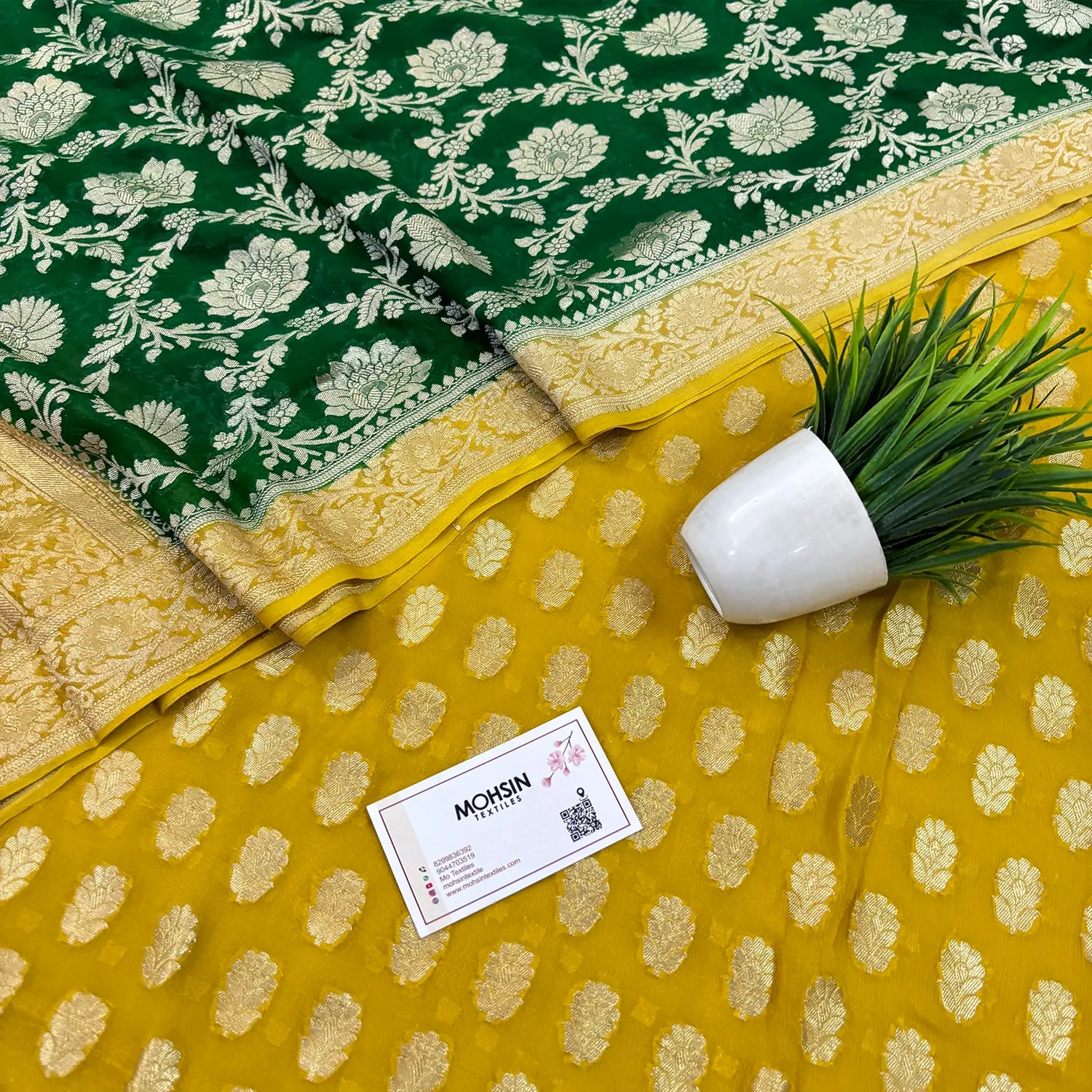 Yellow and Green Khilti Kalli Georgette Silk Banarasi Suit