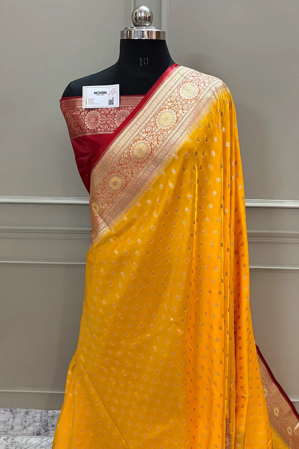 Yellow and Maroon Makkhi Buti Katan Silk Banarasi Saree