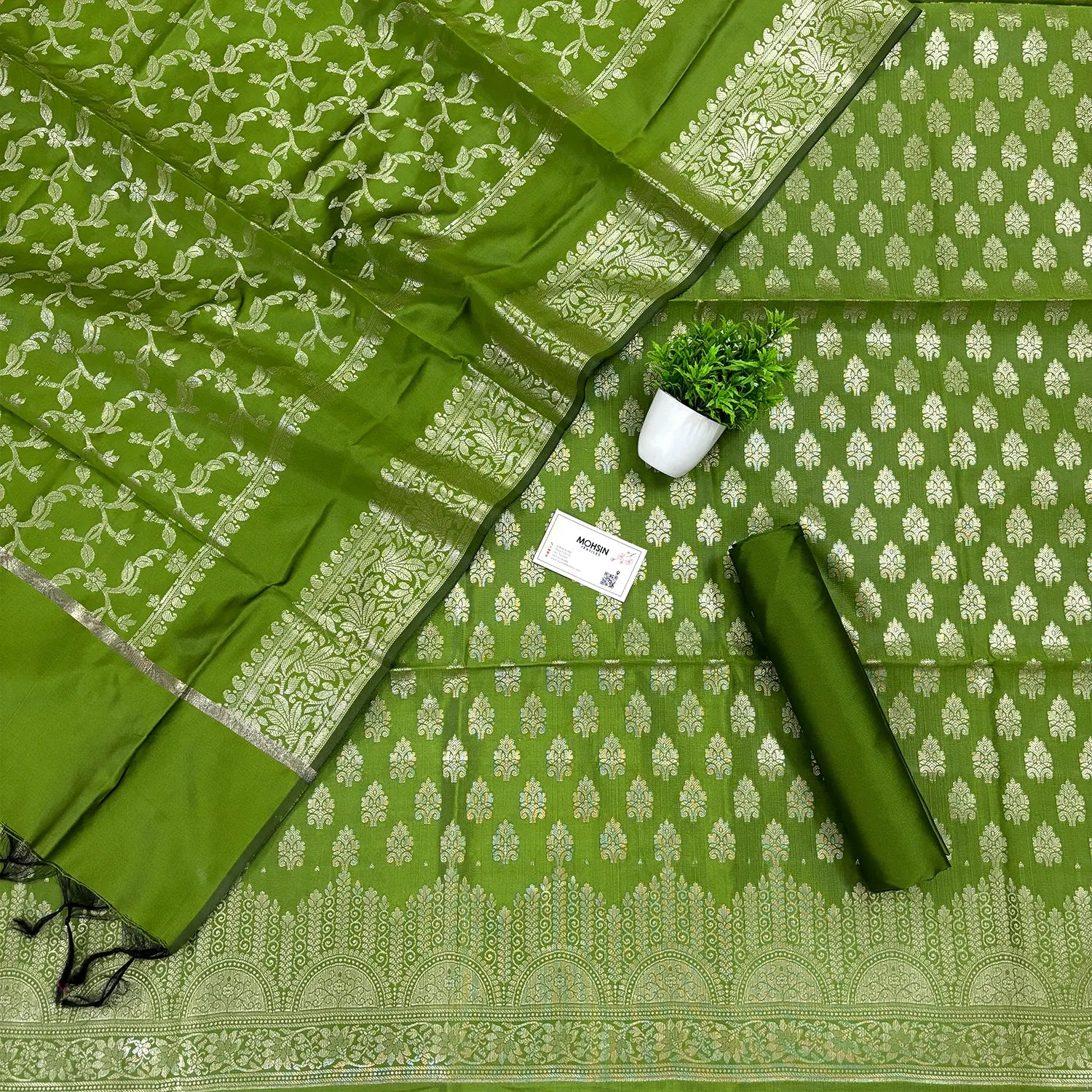 Mehendi Frozen Tree Satin Silk Banarasi Suit