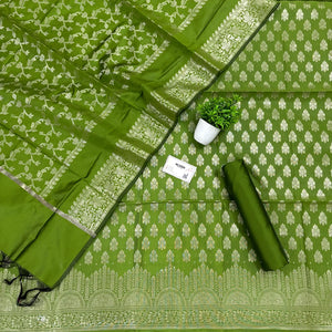 Mehendi Frozen Tree Satin Silk Banarasi Suit