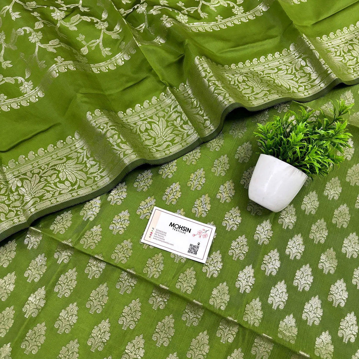 Mehendi Frozen Tree Satin Silk Banarasi Suit