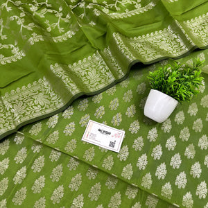 Mehendi Frozen Tree Satin Silk Banarasi Suit