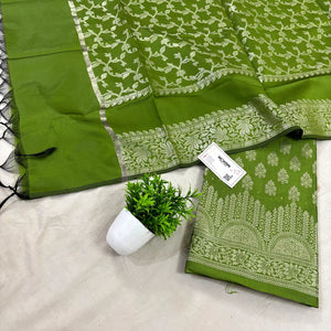 Mehendi Frozen Tree Satin Silk Banarasi Suit