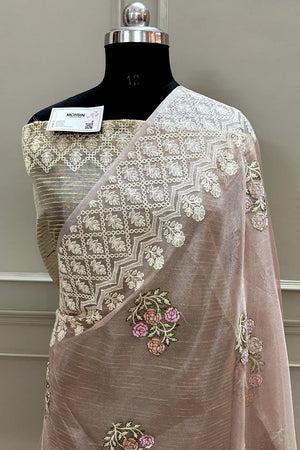 Baby Pink Embroidery Tissue Silk Banarasi Saree