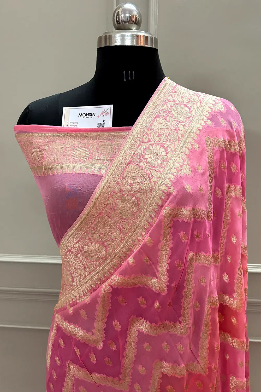 Baby Pink Golden Zari Georgette Silk Banarasi Saree