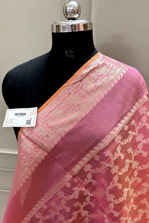 Baby Pink Golden Zari Banarasi Silk Dupatta