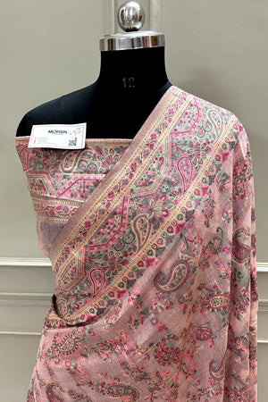 Baby Pink Printed Linen Silk Banarasi Saree