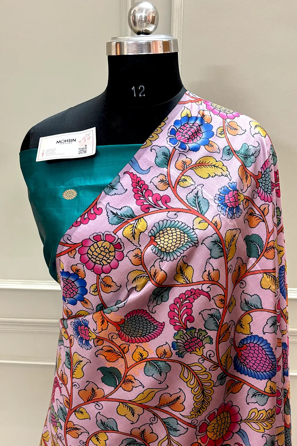 Baby Pink and Teal Printed Silk Saree