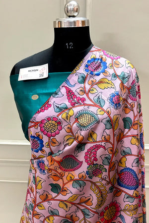 Baby Pink and Teal Printed Silk Saree