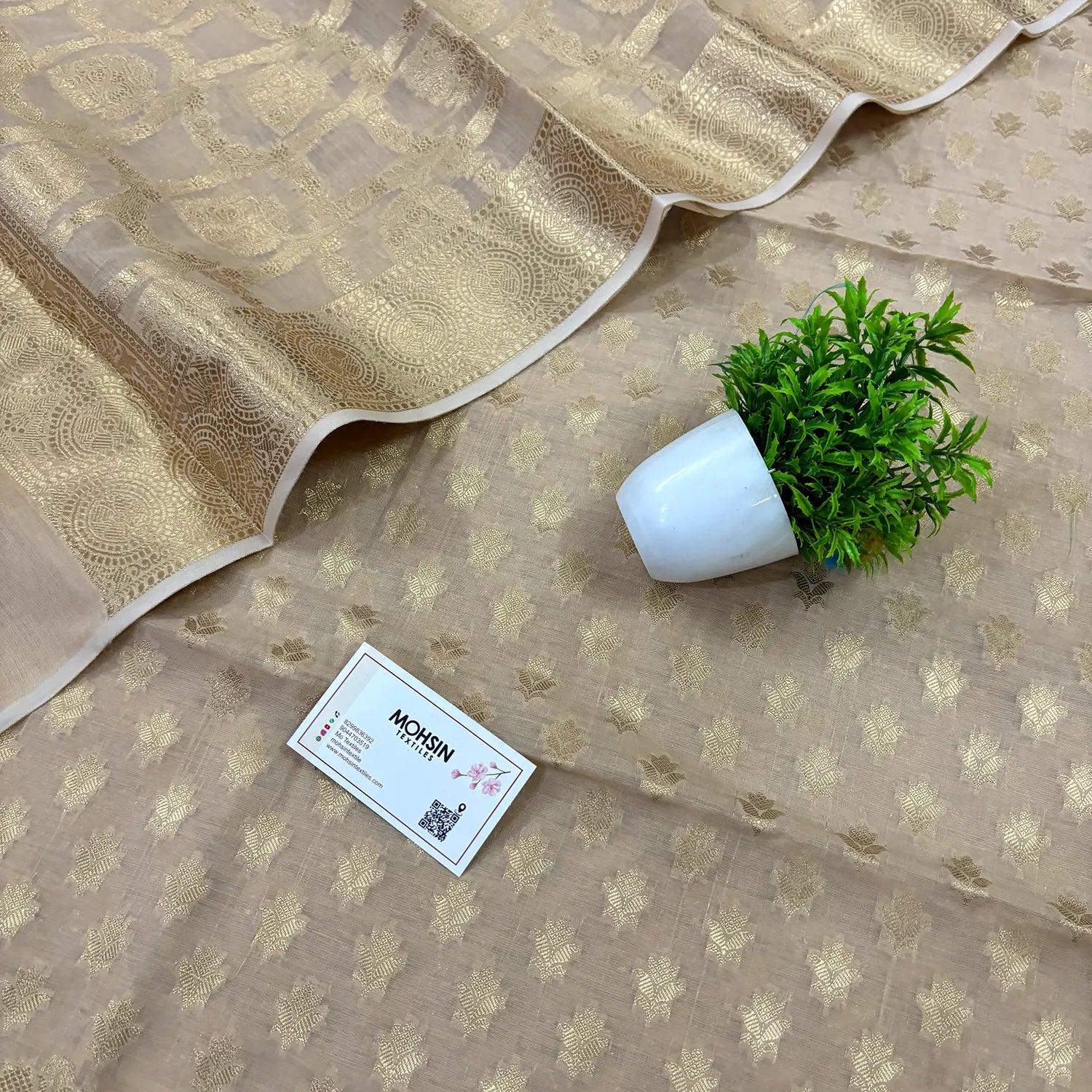 Beige Golden Zari Resham Silk Banarasi Suit