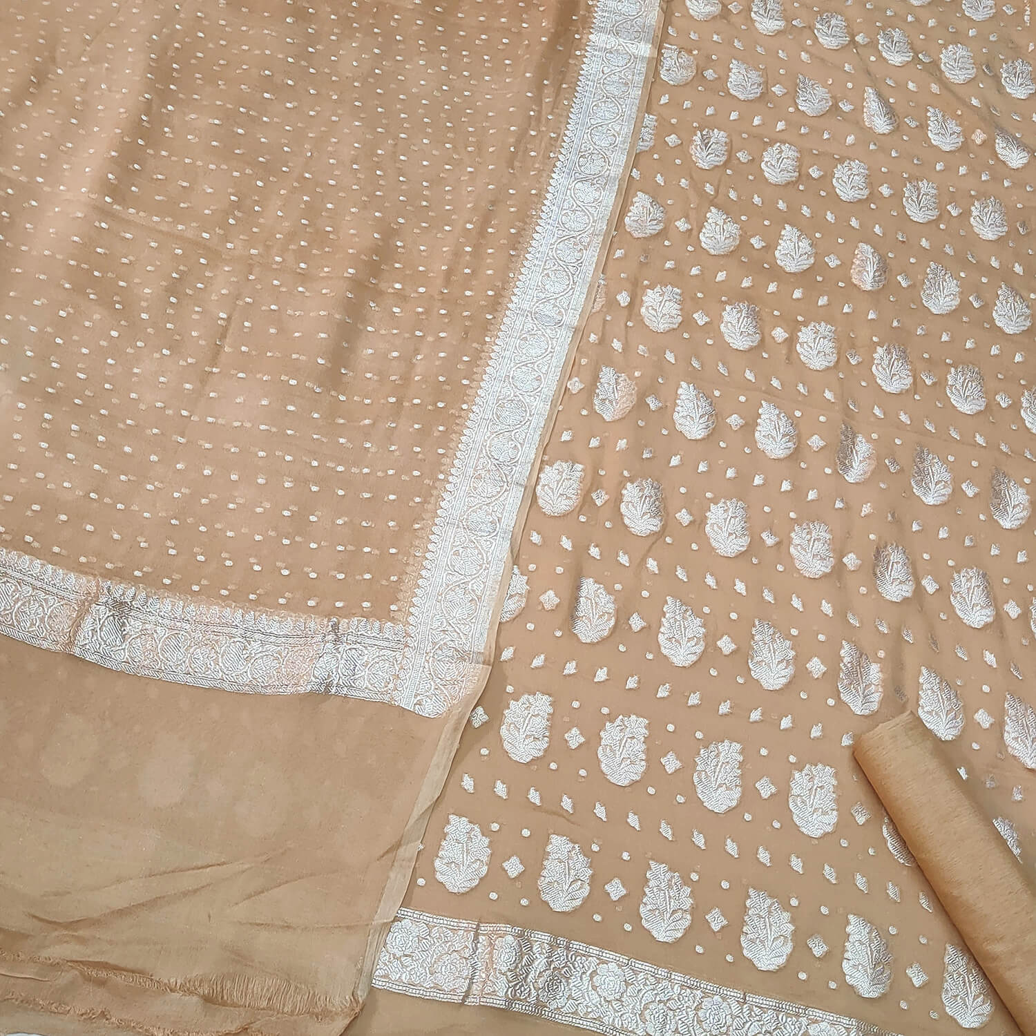 Beige Silver Zari Handloom Georgette Banarasi Suit