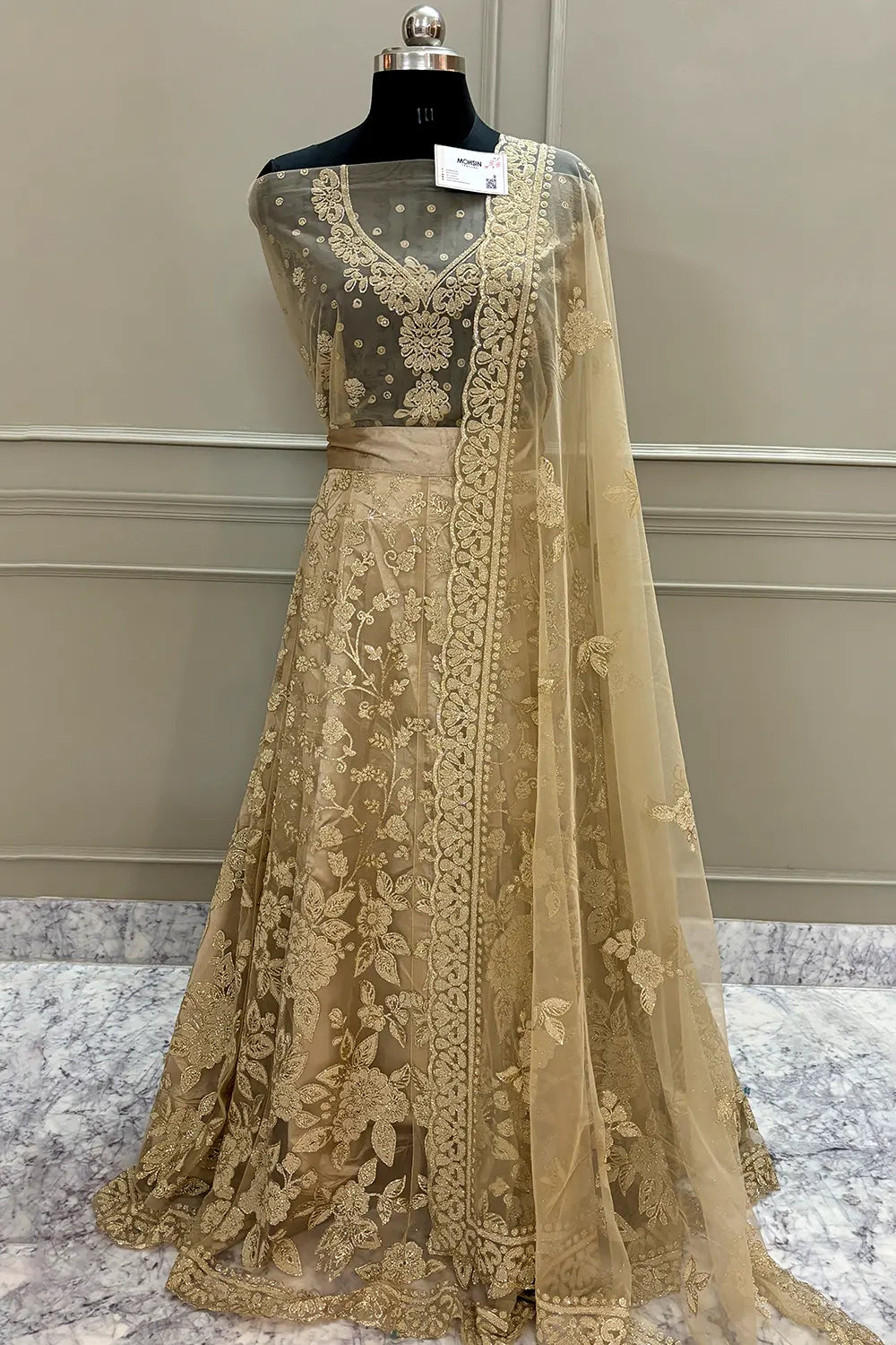 Beige Zariwork Semi Stitched Net Bridal Lahenga