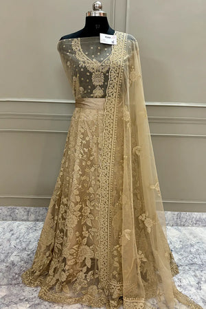 Beige Zariwork Semi Stitched Net Bridal Lahenga