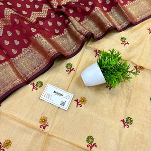 Beige and Maroon Embroidery Work Tussar Silk Salwar Suit