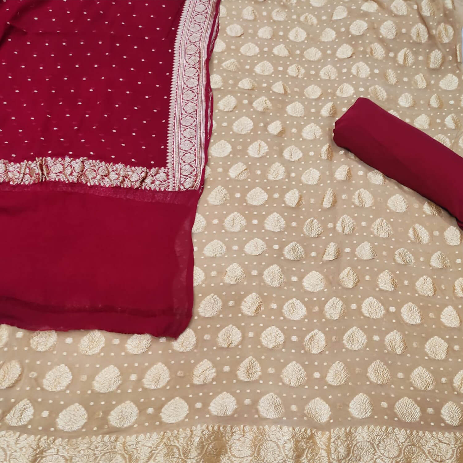 Beige and Maroon Golden Zari Banarasi Georgette Silk Salwar Suit