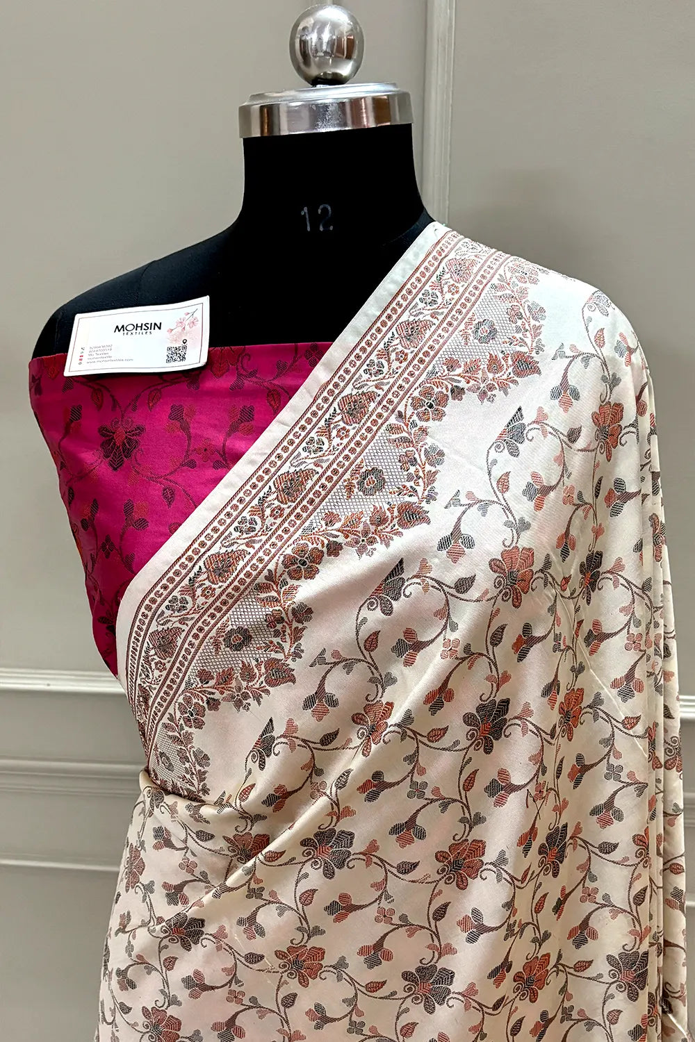 Beige and Pink Resham Silk Banarasi Saree