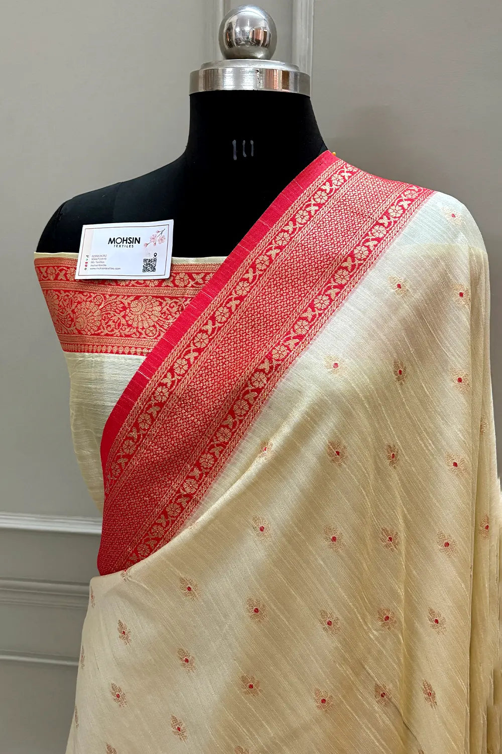Beige and Red Golden Zari Linen Silk Banarasi Saree