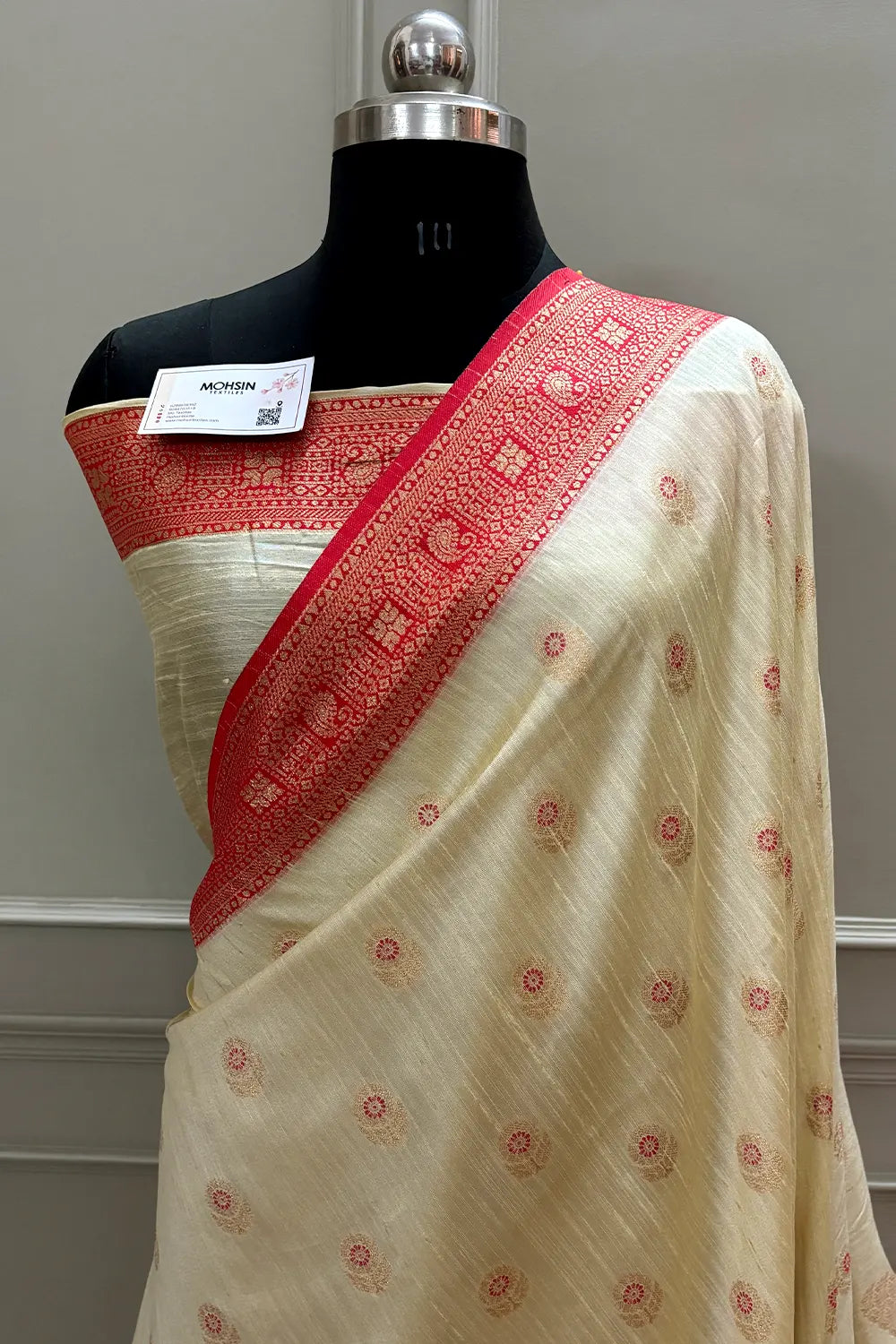 Beige and Red Golden Zari Linen Silk Banarasi Saree