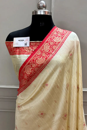Beige and Red Golden Zari Linen Silk Banarasi Saree