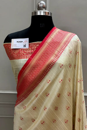 Beige and Red Golden Zari Linen Silk Banarasi Saree