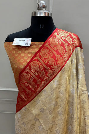 Beige and Red Golden Zari Tissue Silk Banarasi Saree