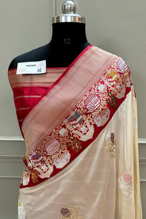 Beige and Red Handloom Pure Katan Silk Banarasi Saree