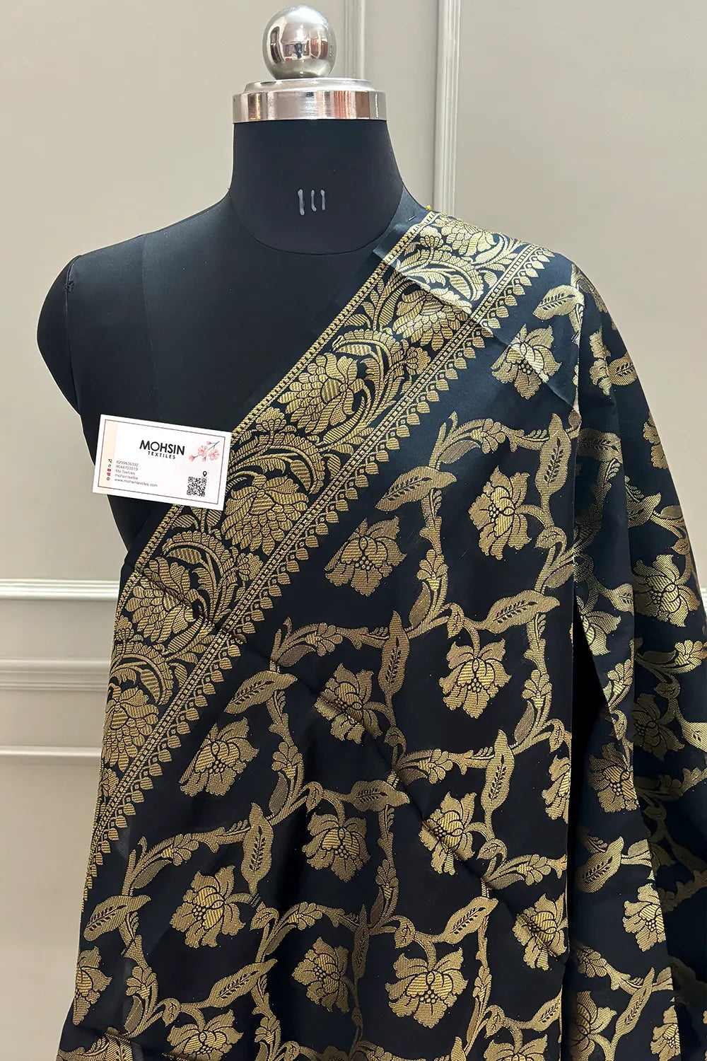 Black Golden Zari Satin Silk Banarasi Dupatta