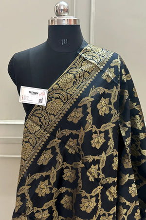 Black Golden Zari Satin Silk Banarasi Dupatta