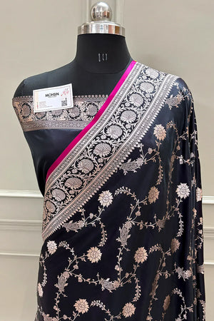 Black Makra Jaal Katan Silk Banarasi Saree