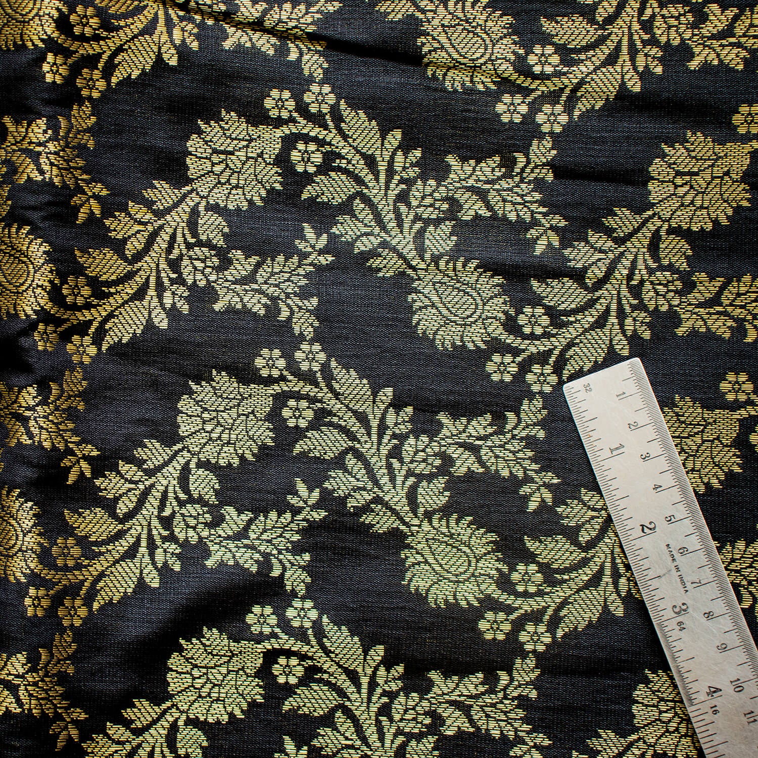 Black Stripe Golden Zari Satin Silk Fabric