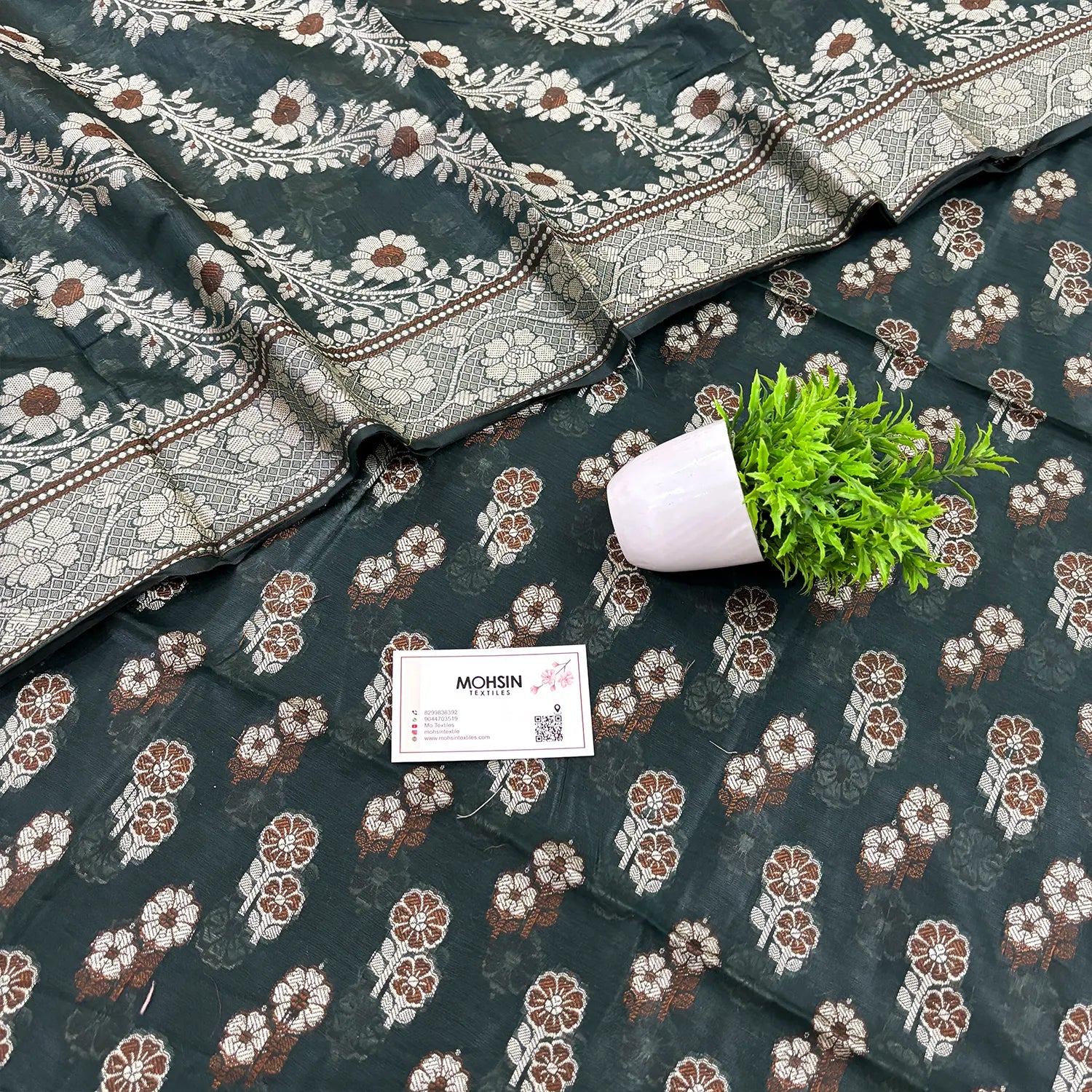 Bottle Green Fan Flower Banarasi Silk Suit