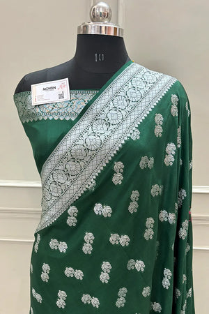 Bottle Green Golden Zari Georgette Silk Banarasi Saree