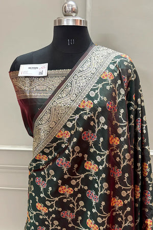 Bottle Green Golden Zari Silky Banarasi Saree